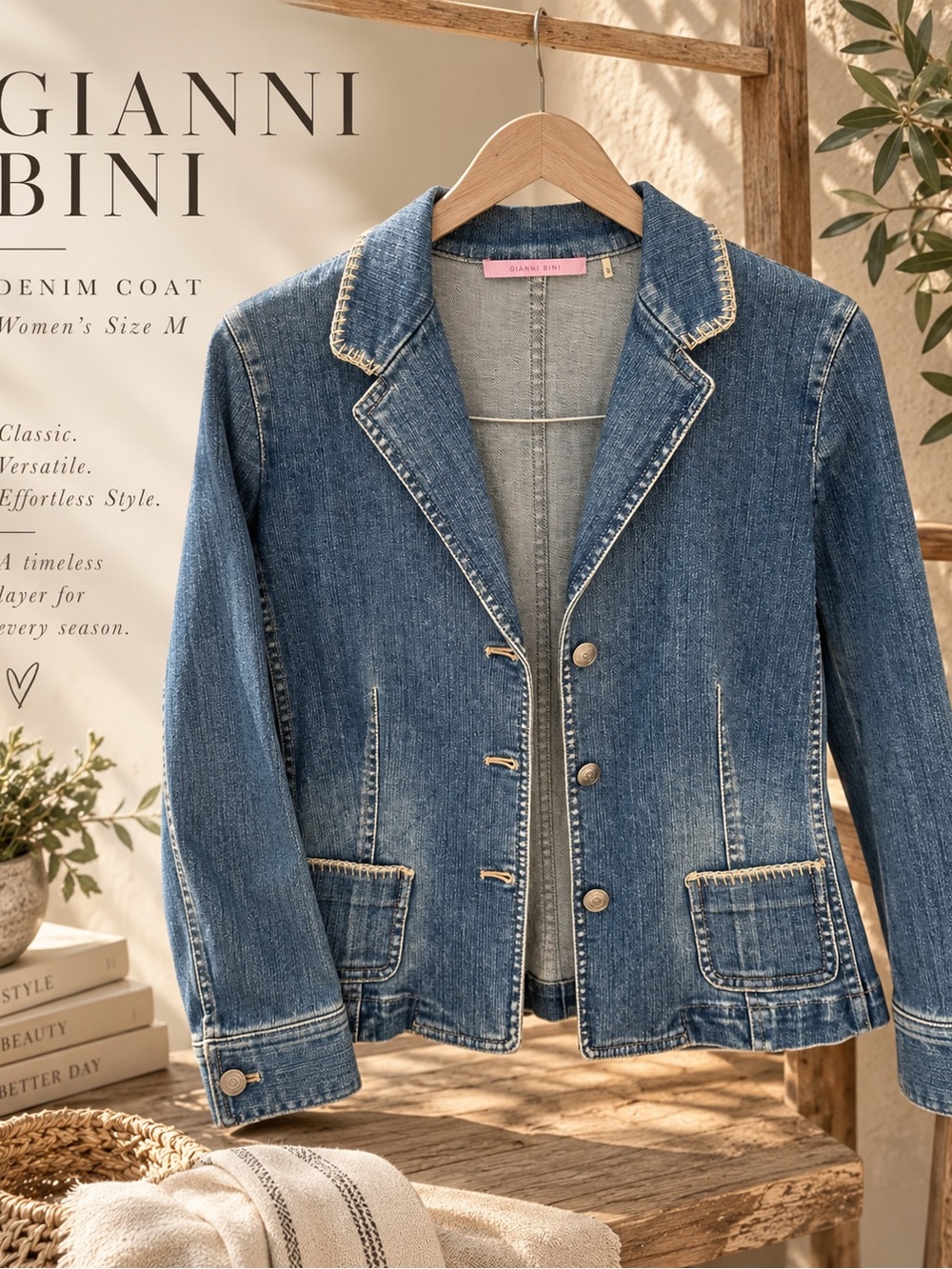 Gianni Bini Denim Blazer Jacket Women’s M Stretch Contrast Stitch